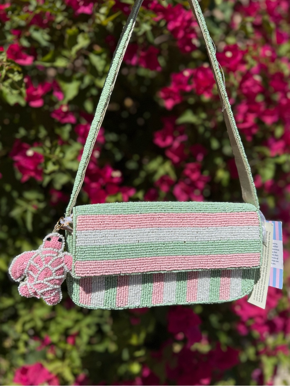 NWT Made in India Green Pink White Striped Beaded Bag with Turtle Bag Charm New